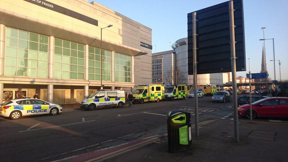  A number of ambulances and police cars were parked outside the Oracle shopping centre on Monday