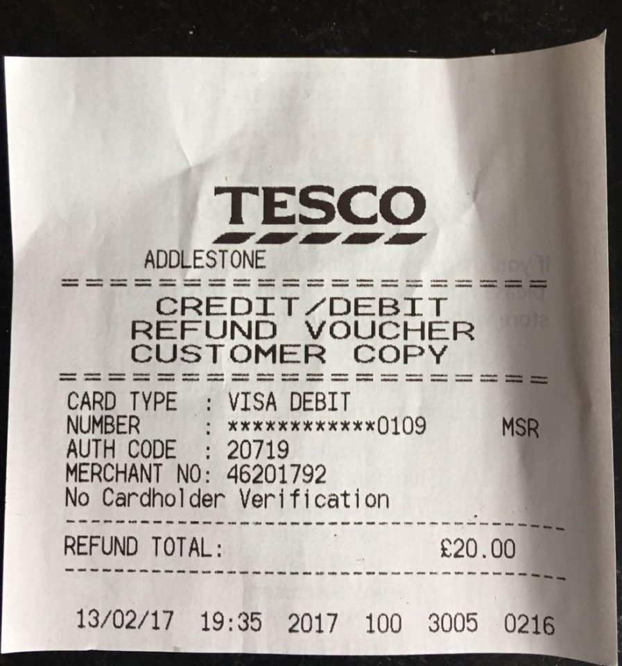  Sarah-Jane Walton was refunded £20 when she complained to staff at the Tesco store