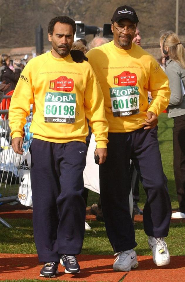 Michael Watson at the start of the London Marathon with carer Lennard Ballack