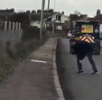  He stumbles to his feet after the fall, as witnesses stare on laughing
