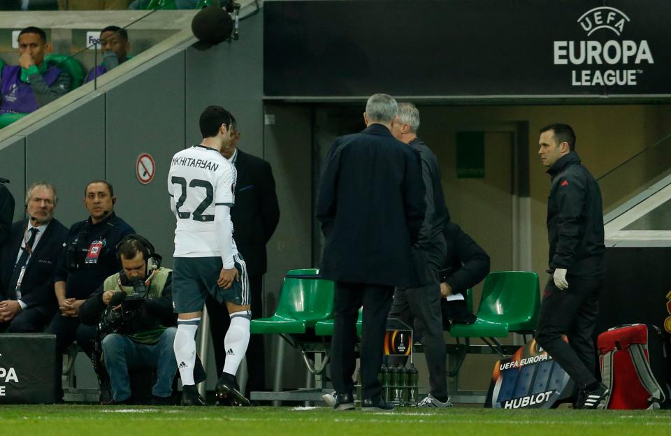 Mkhitaryan disappeared down the tunnel as a gutted Mourinho watched on