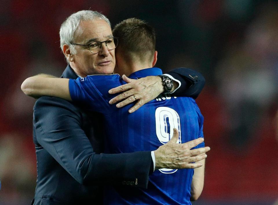 Ranieri hugs Jamie Vardy after the Champions League clash in Sevilla