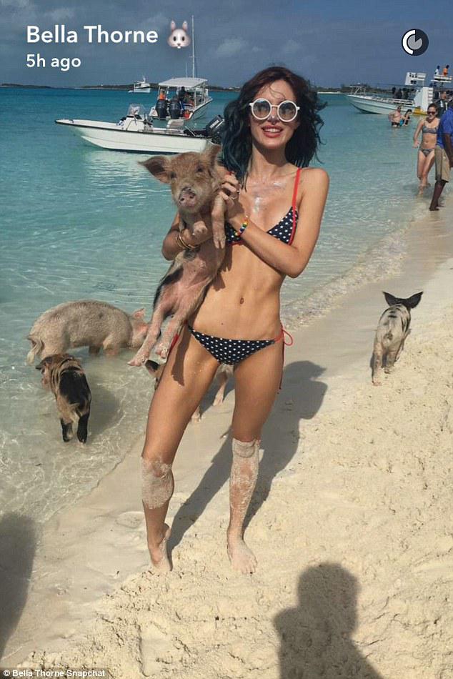 Actress Bella Thorne cuddles one of the pigs during a trip to the Bahamas 