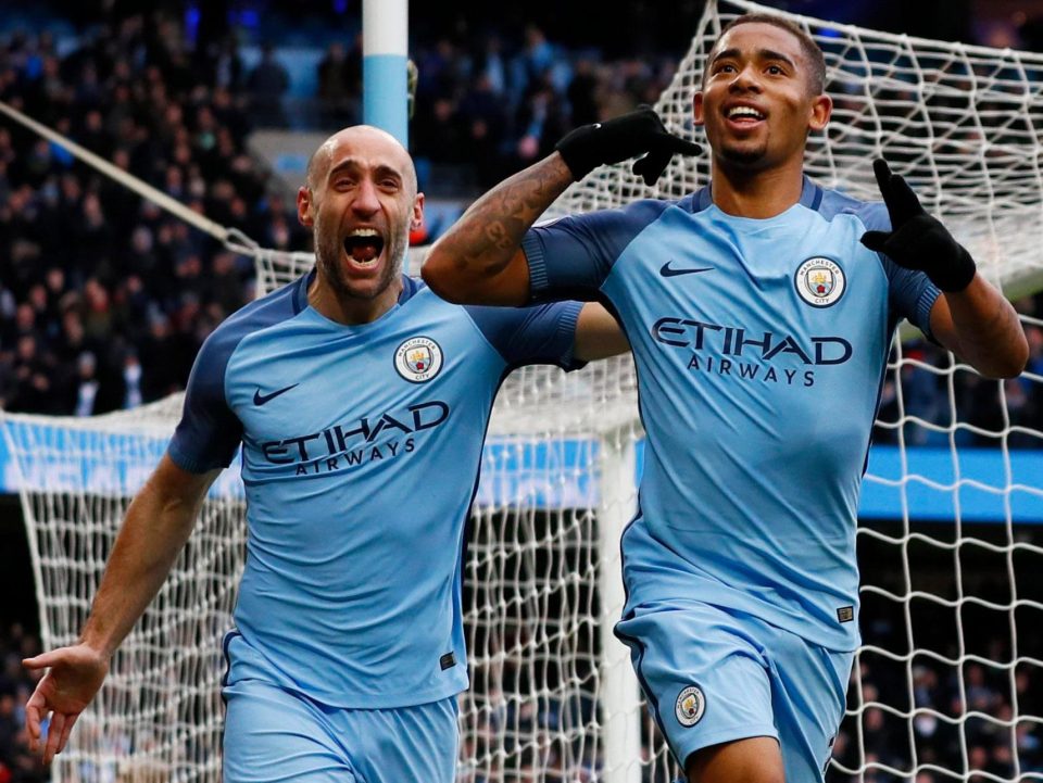 Zabalata celebrates a goal, with City new boy Jesus Gabriel