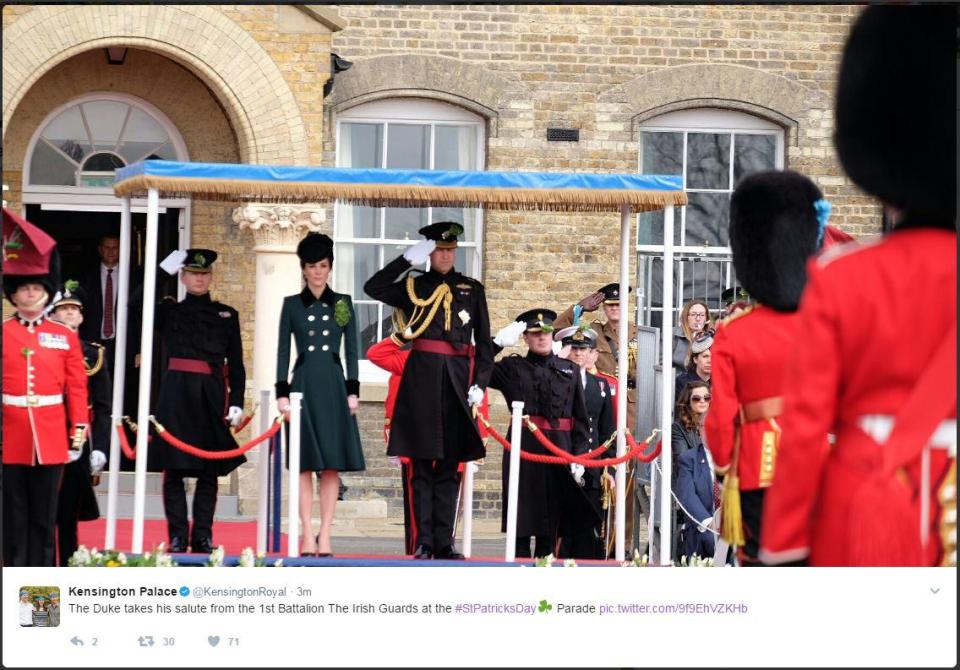  Prince William salutes the officers during the annual St Patrick's Day parade