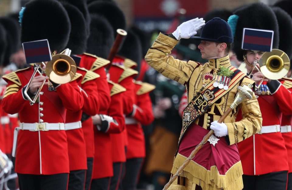  The 1st Battalion Irish Guardsmen band march during the annual Irish Guards' St Patrick's Day Parade