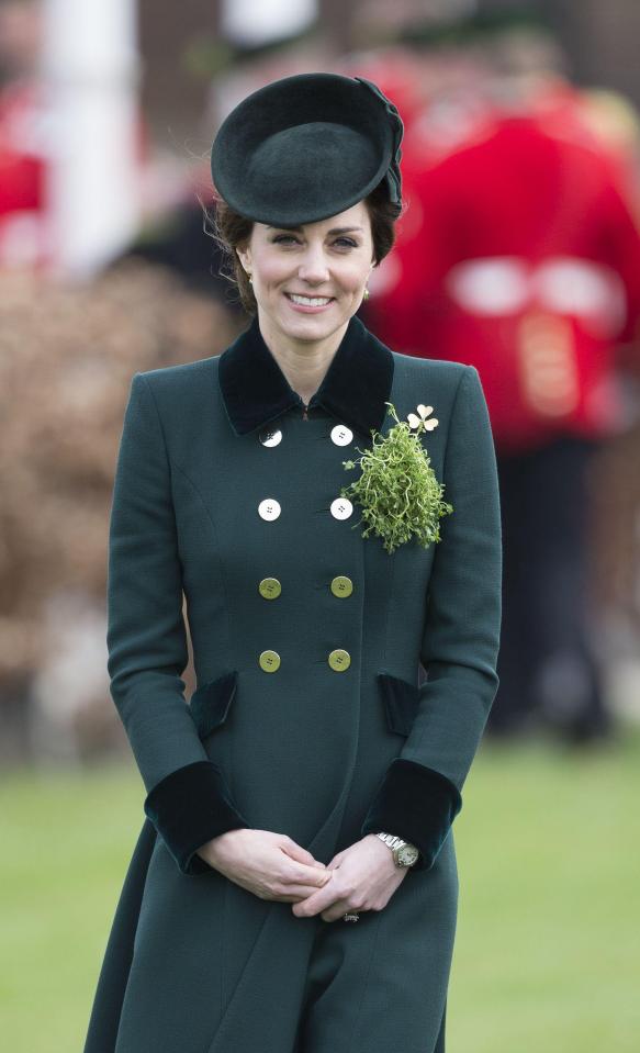  A sprig of shamrock topped off Kate's dark green outfit for the parade of the Irish Guards