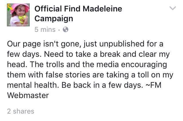 A message was reportedly posted to the Facebook page before it was pulled, blaming trolls for the need to take down the site for a time