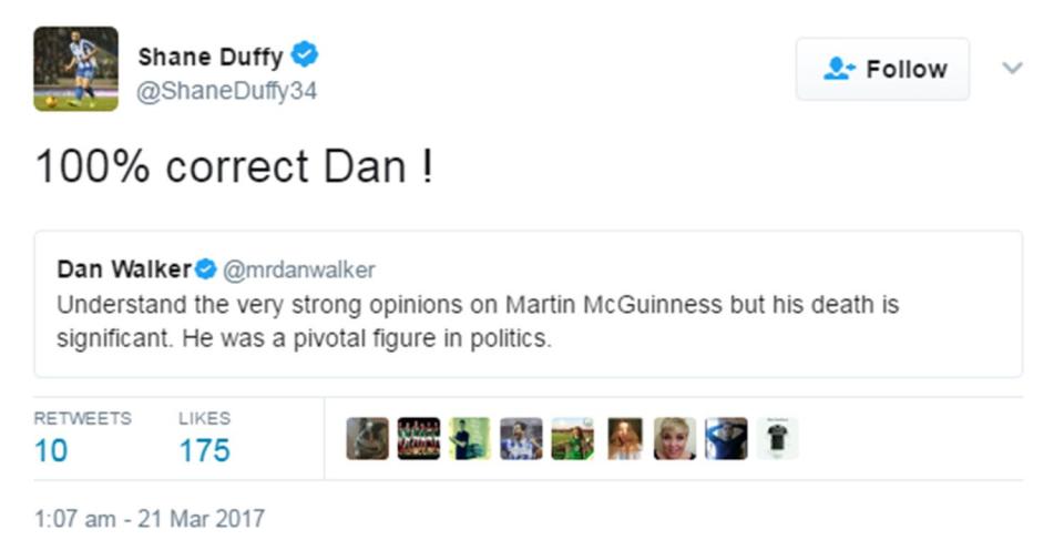  Shane further explained his stance as he re-tweeted other people's responses to McGuinness' death