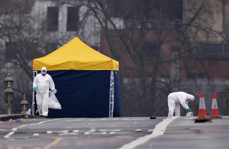 Forensic teams work on Westminster Bridge the day after a lone wolf maniac attacked London