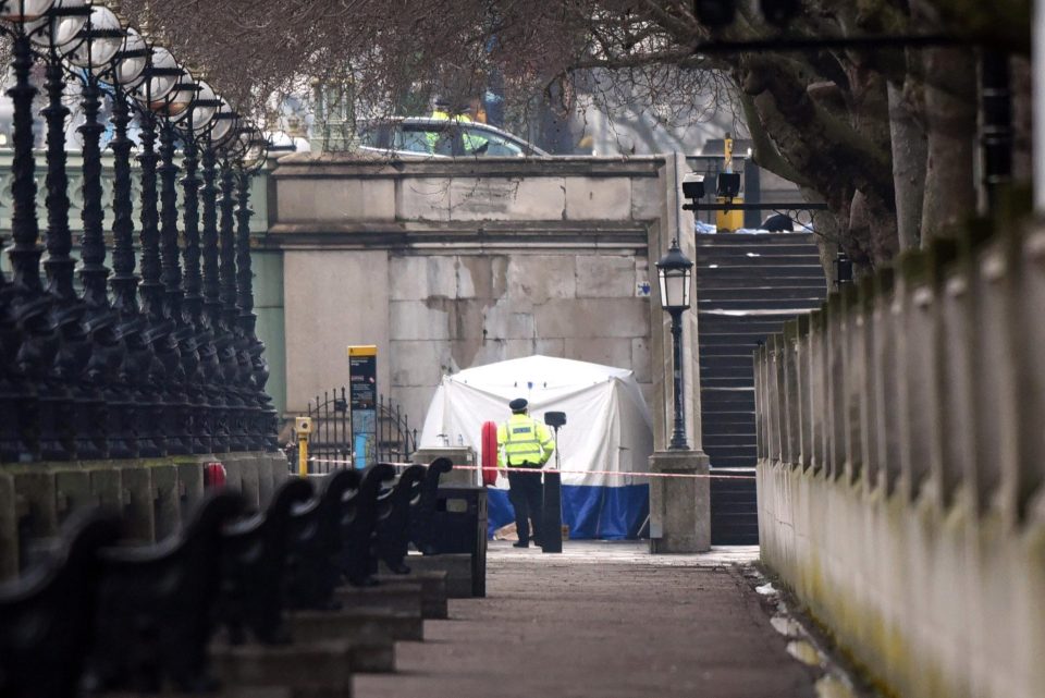 A forensic tent is set up close to the Houses of Parliament in Westminster where a maniac went on a rampage yesterday