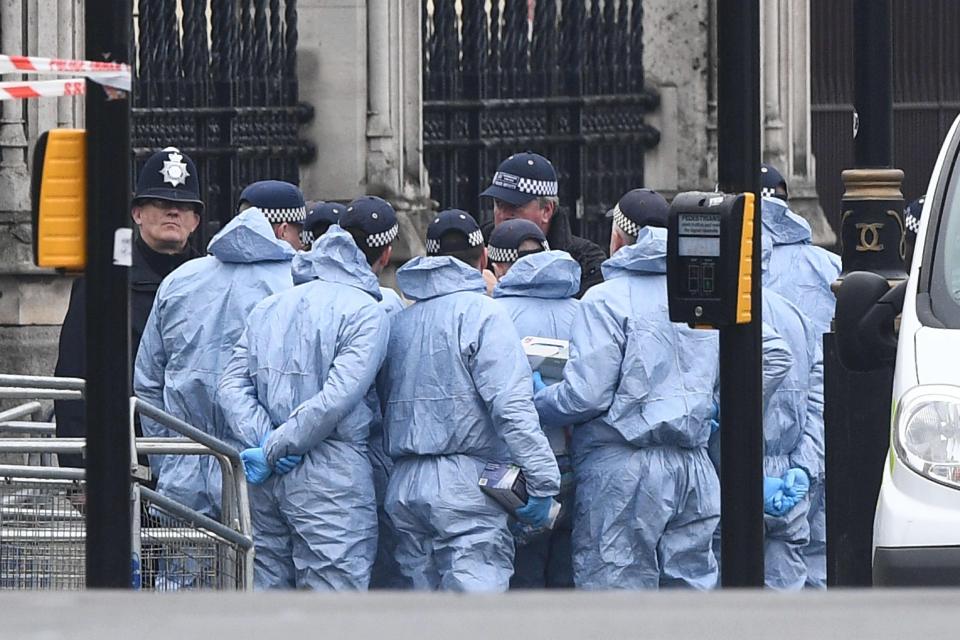 Forensic teams in Westminster today as hundreds of cops are drafted in to help the investigation