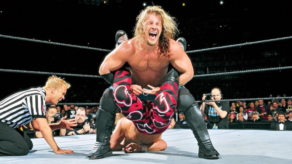 Chris Jericho locks Shawn Michaels in the Walls of Jericho at Wrestlemania XIX