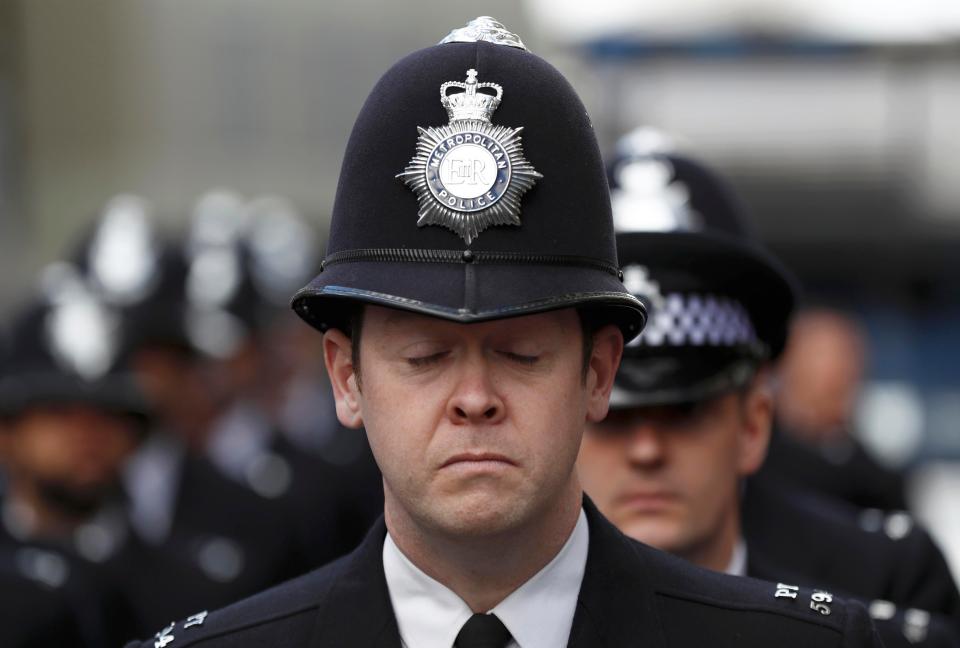  Police officers arrive near Southwark Cathedral ahead of the funeral of PC Palmer