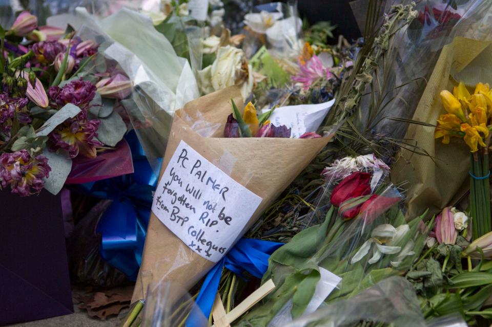  British Transport Police workers left a poignant tribute to the fallen police officer who died in the terror attack