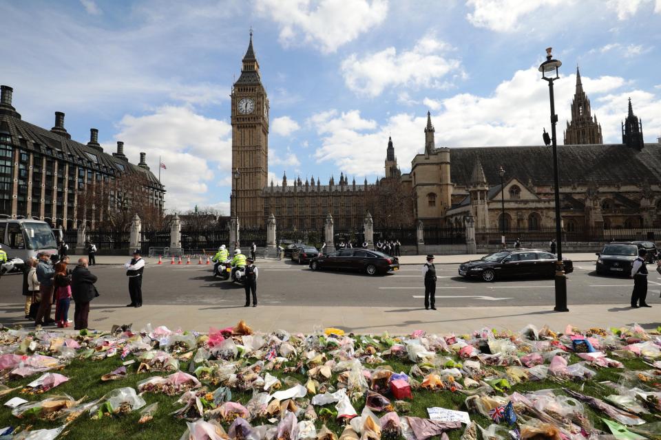  The funeral cortege pictured arriving at the Palace of Westminster to move PC Palmer's body to Southwark Cathedral