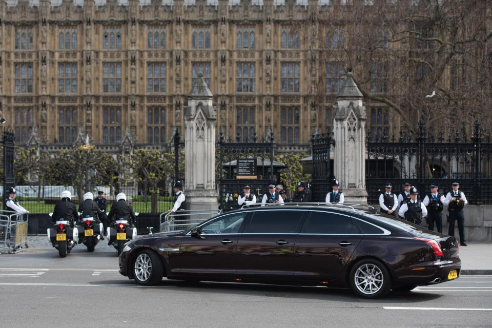  The funeral cortege for PC Palmer pictured outside the Houses of Parliament before moving him to Southwark