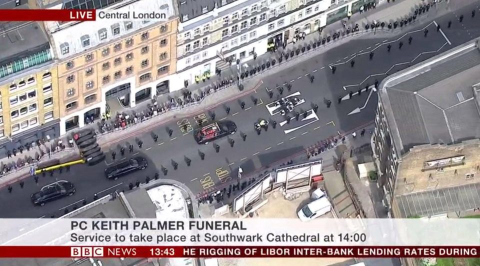  An aerial shot of part of the procession as the hearse carried PC Palmer to Southwark Cathedral