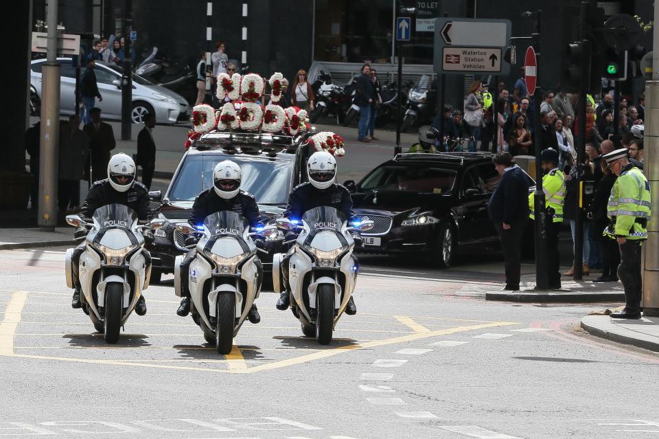  A police escort flanked the hearse carrying PC Palmer from Westminster to Southwark Cathedral