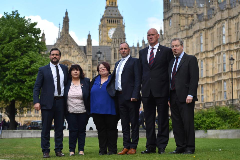 From left, lawyer Matt Jury and campaigners Judith Jenkins, Sarahjane Young, Mark Tipper, Simon Utley and Danny Kinahan MP