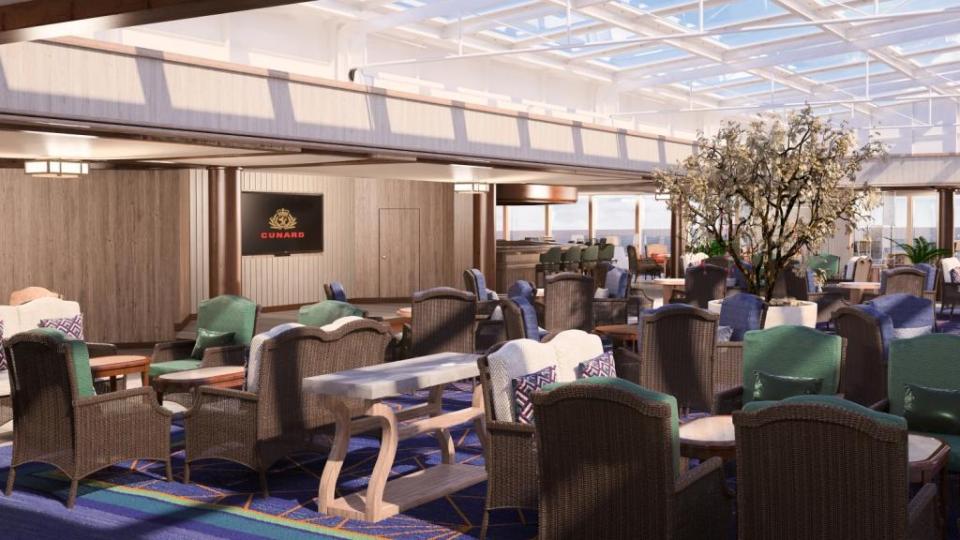 The Winter Garden Room on the Queen Victoria features floor to ceiling glass