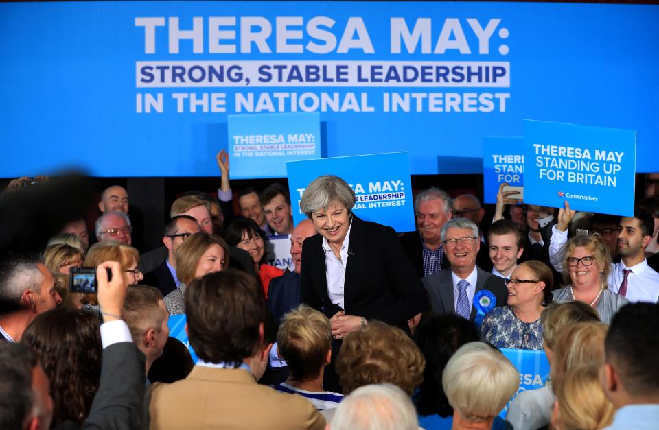  Theresa May campaigns in the village of Mawdesley during a whistlestop tour of Lancashire