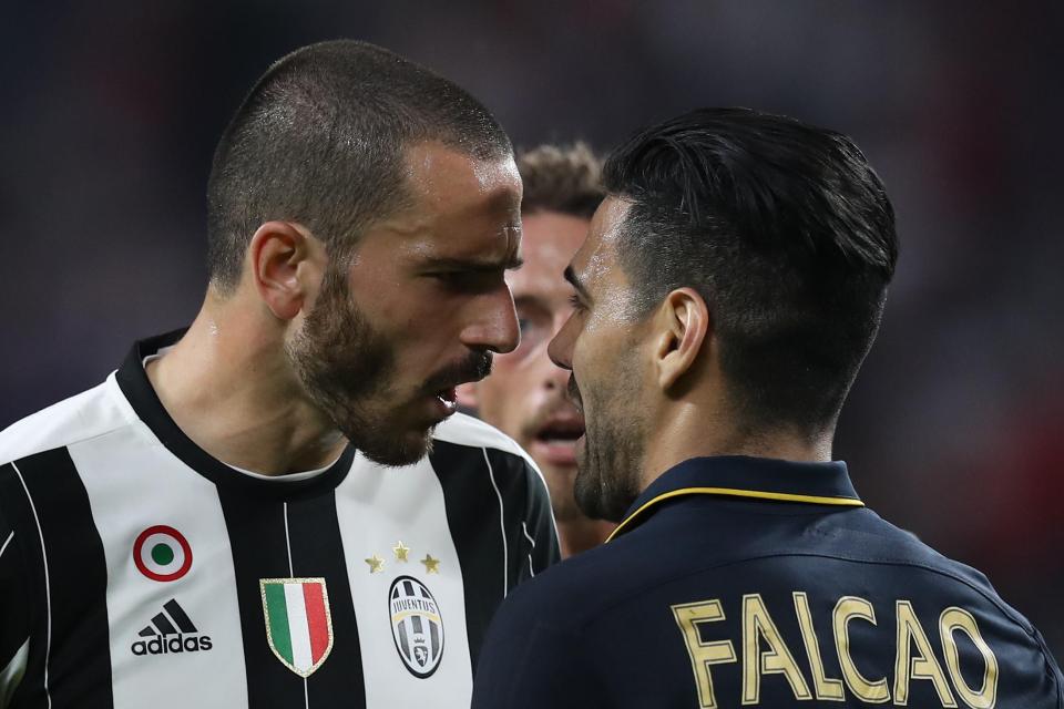 Monaco striker Radamel Falcao goes nose-to-nose with Juventus defender Leonardo Bonucci
