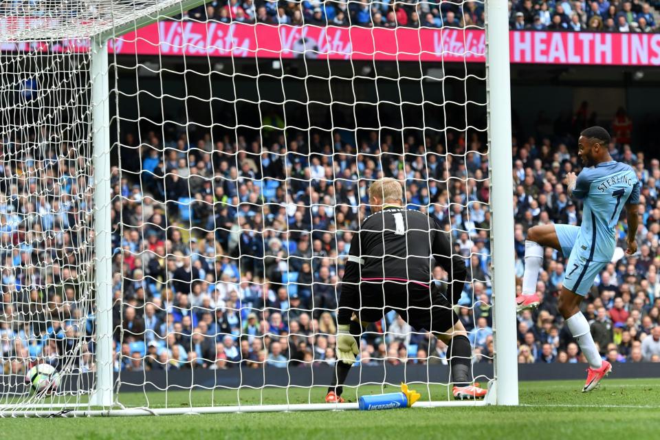 Sterling tries to get a touch on the Silva shot, seemingly impairing his view