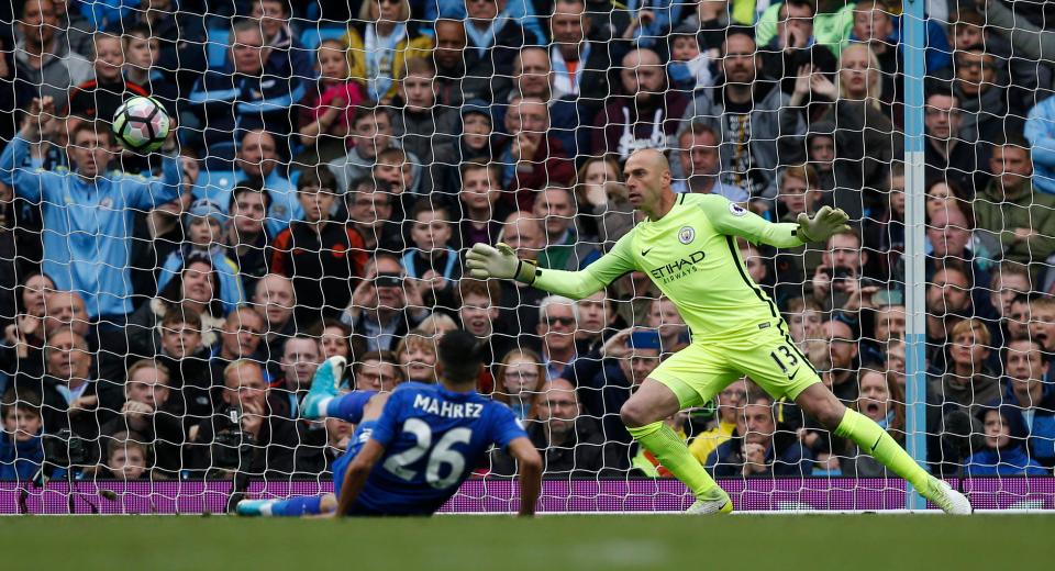 Riyad Mahrez slipped but still saw the ball fly into the top corner of the net