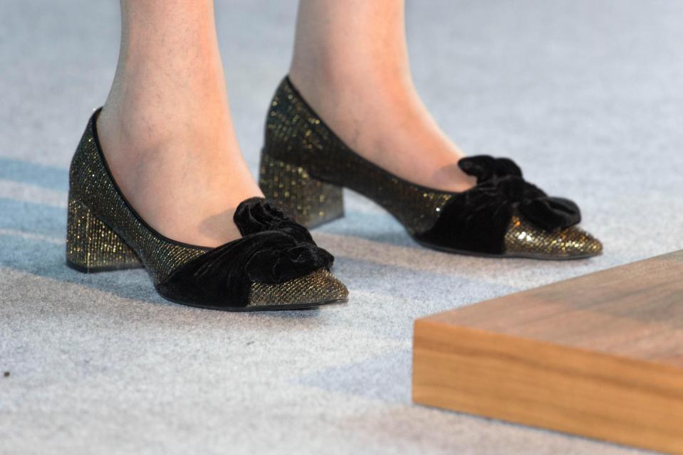 The Prime Minster donned glittery heels with a velvet bow for the manifesto launch