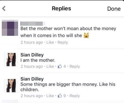 Sian Dilley hits back at someone who claims she will profit from her ex's time on the show