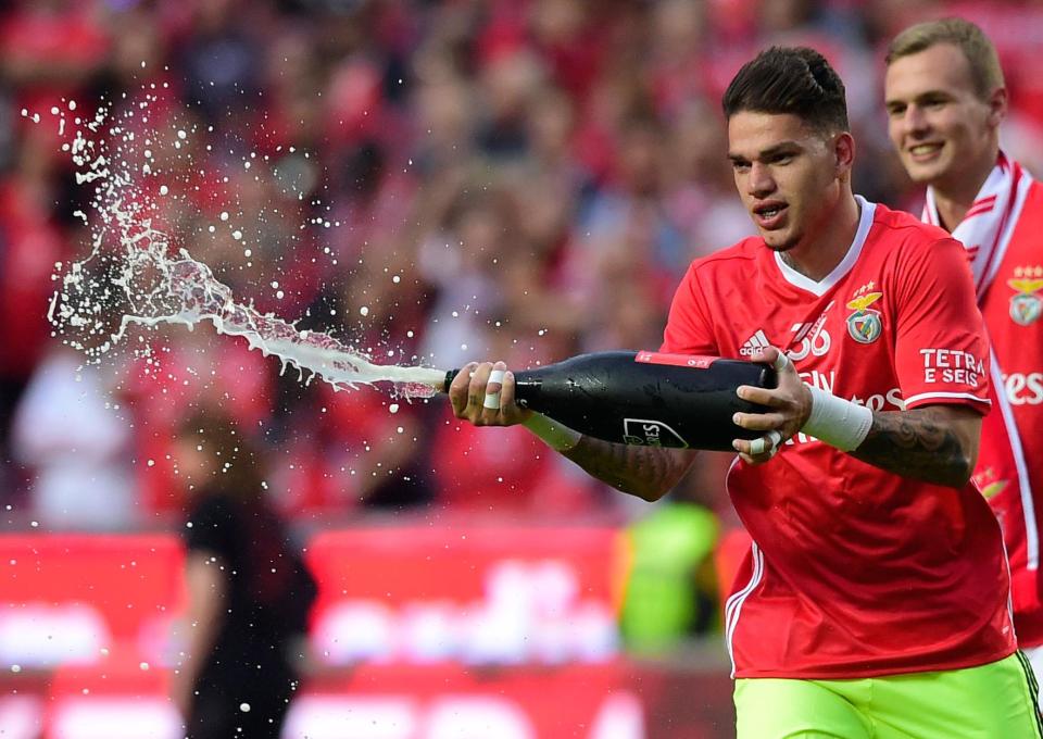 Ederson celebrates last month as Benfica clinch the Portuguese title