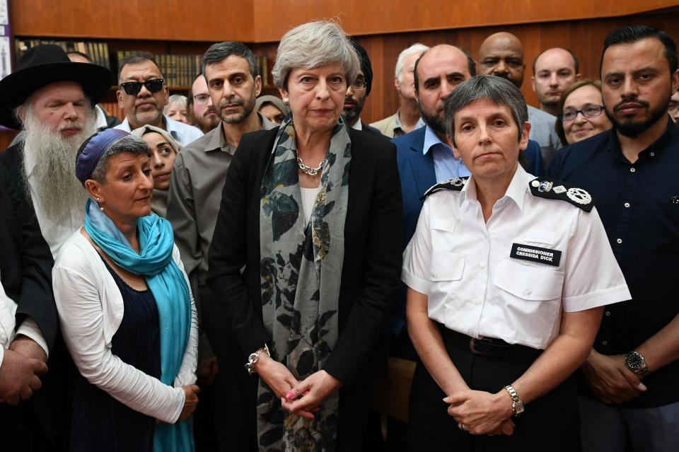 Theresa May and Metropolitan Police Commissioner Cressida Dick talk to faith leaders at Finsbury Park Mosque in north London