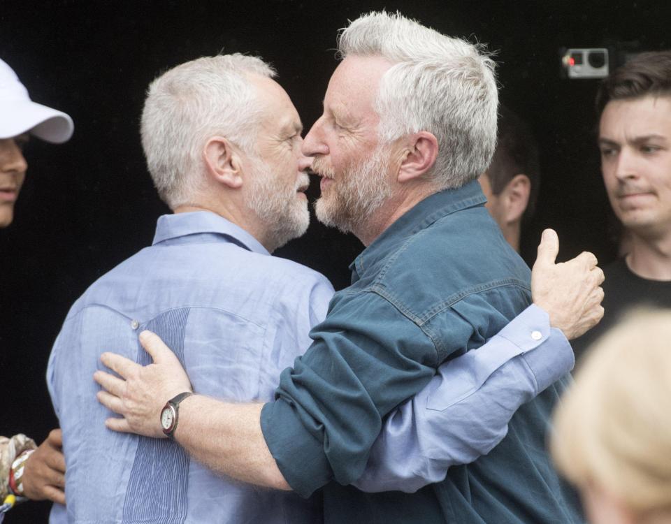 Corbyn was today spotted giving left-wing singer Billy Bragg a hug