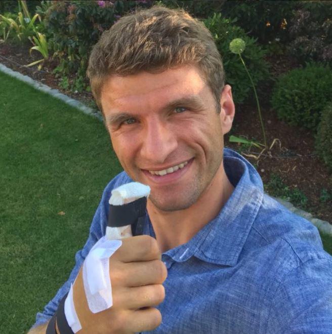 Thomas Muller is still recovering from having surgery on his right thumb, but was in good spirits