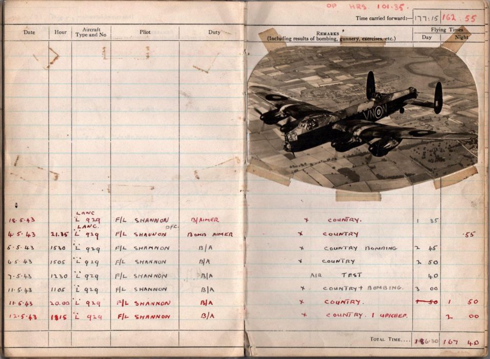  Sumpter's logbook also featured a photo of the Lancaster bomber that was used during the May 1943 raid