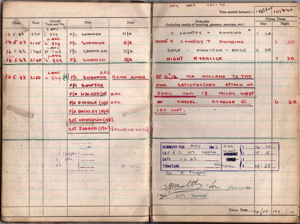  Flight Sergeant Leonard Sumpter's wartime logbook features an entry that describes the Dambusters raid as a 'satisfactory attack'
