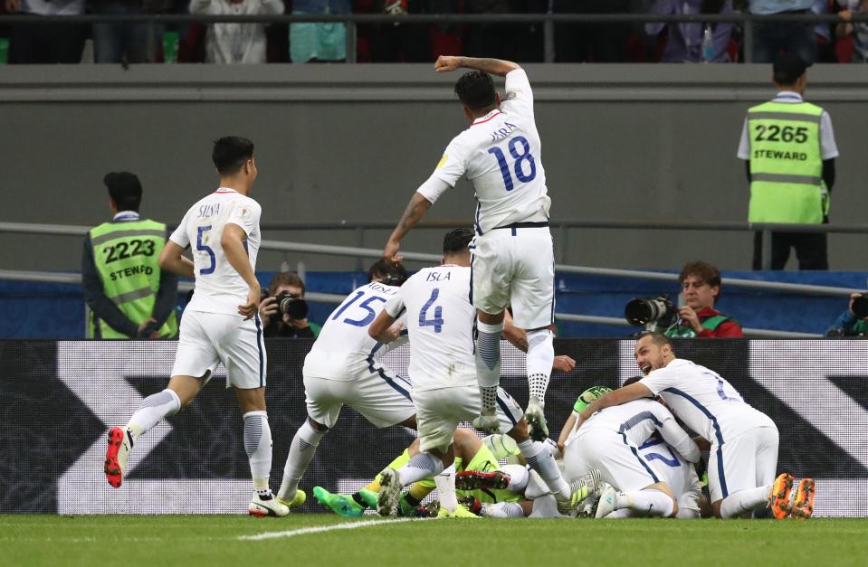  Chile's stars celebrate their semi-final win over Portugal in Russia