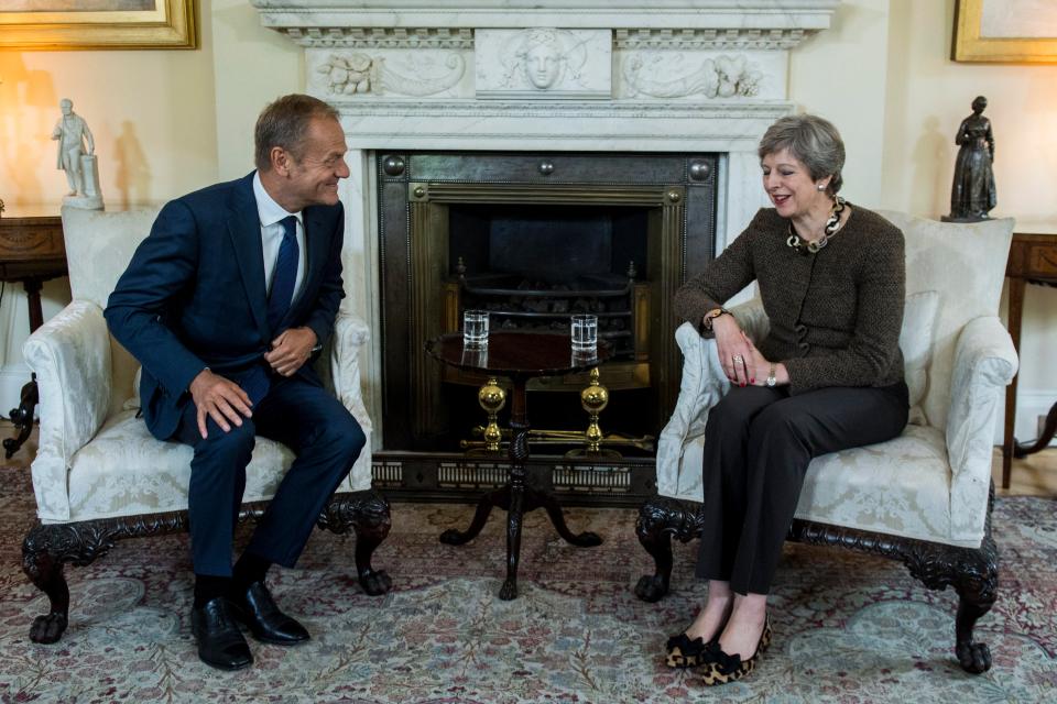  Donald Tusk chats to former prime minister Theresa May in Downing Street