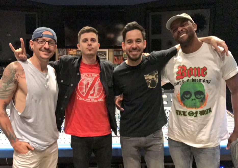  Chester, left, was seen smiling in the studio with his band mates and hip hop artist Watsky just five days before his death