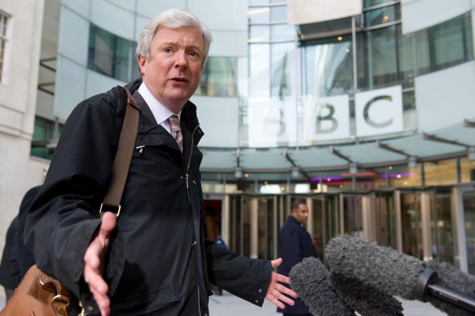 Director General Tony Hall speaks to the media outside the BBC's New Broadcasting House in central London