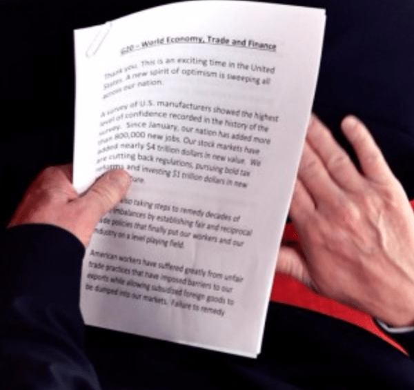 A copy of Trump's G20 speech titled 'World Economy, Trade and Finance'