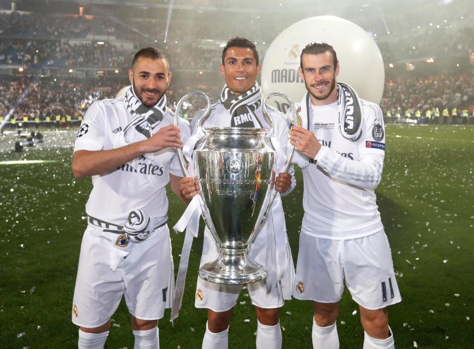 Benzema with Cristiano Ronaldo and Gareth Bale after beating Juventus in Cardiff to clinch the Champions League