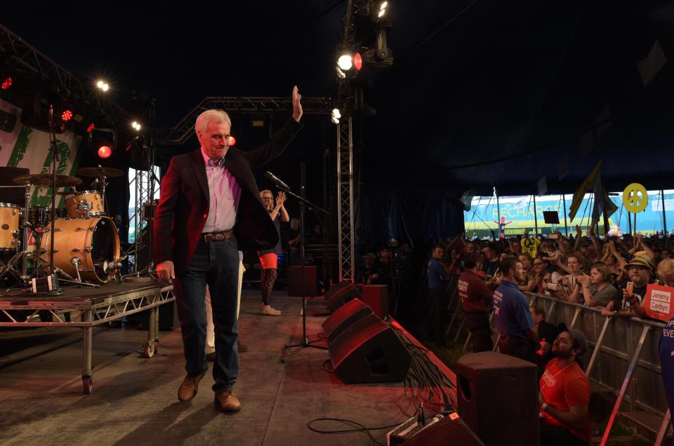  Shadow chancellor John McDonnell takes the stage at LeftField, Glastonbury Festival