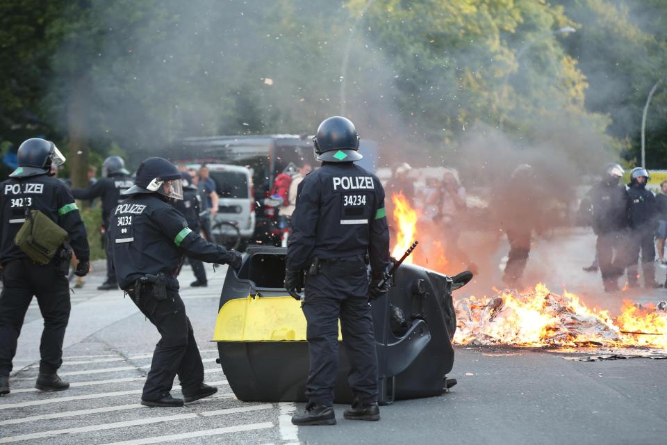One rubbish bin was set alight during the demonstration