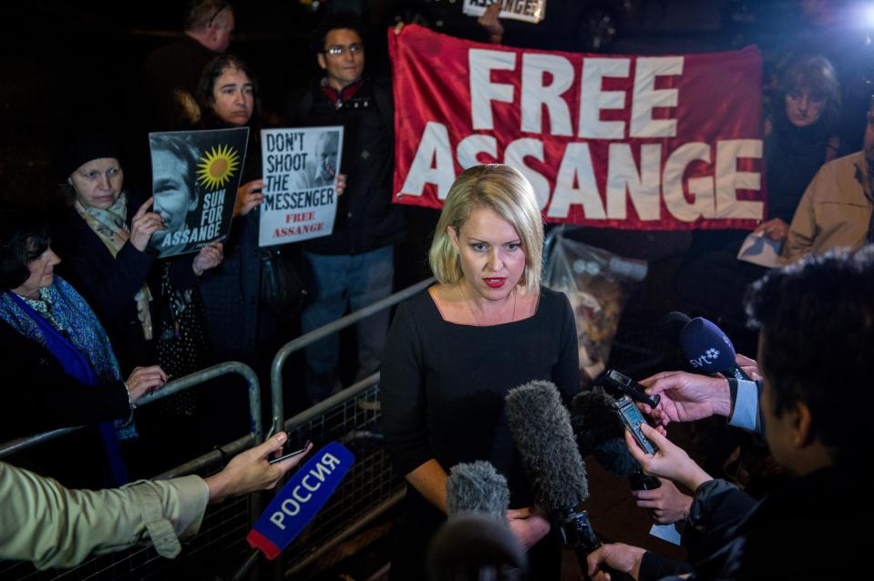  Robinson speaks to the press outside the Embassy of Ecuador on November 14, 2016