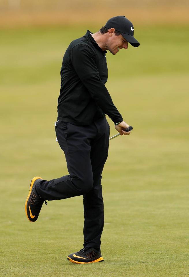  Rory McIlroy reacts to another misplaced shot at Dundonald today