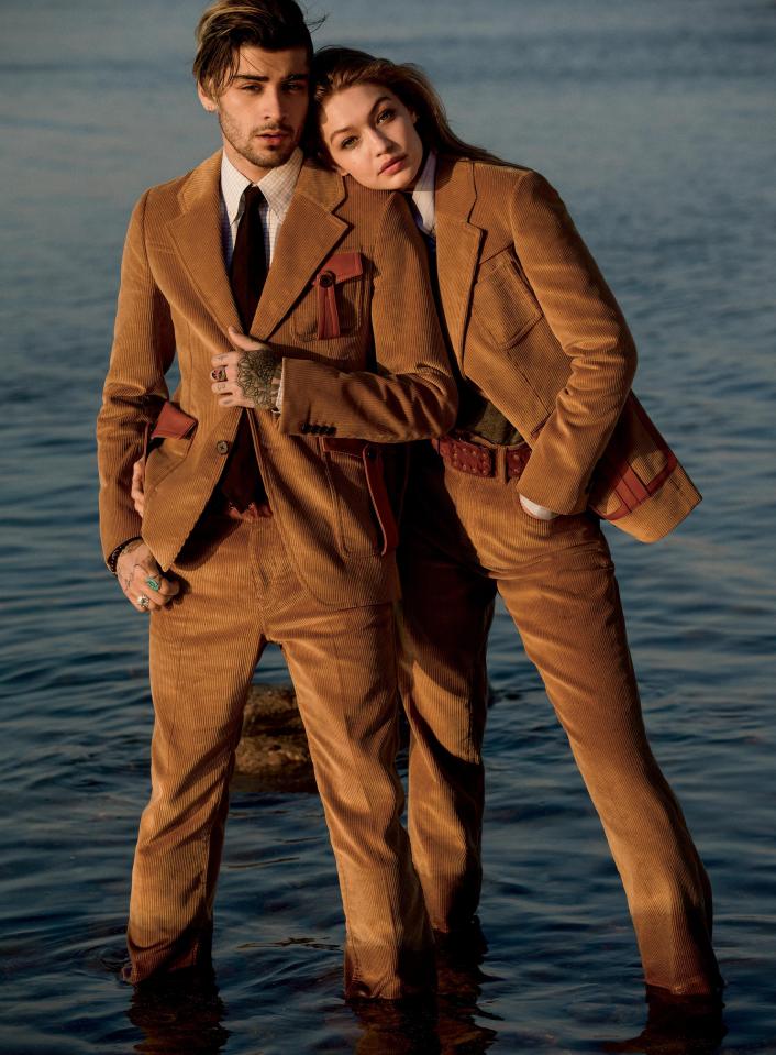 Gigi and Zayn pose up in his n hers Prada suits for the mag