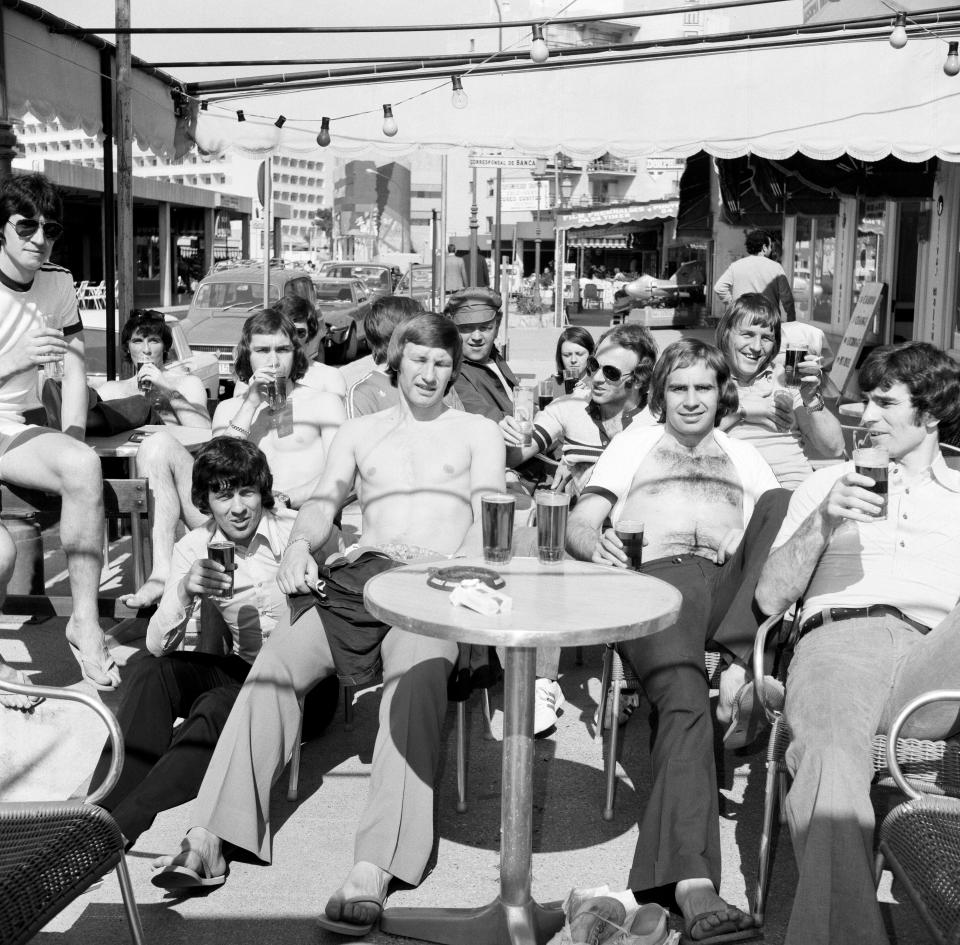 Derby County players in celebrate their League Title win with a few pints in the Red Lion in Magaluf in 1975
