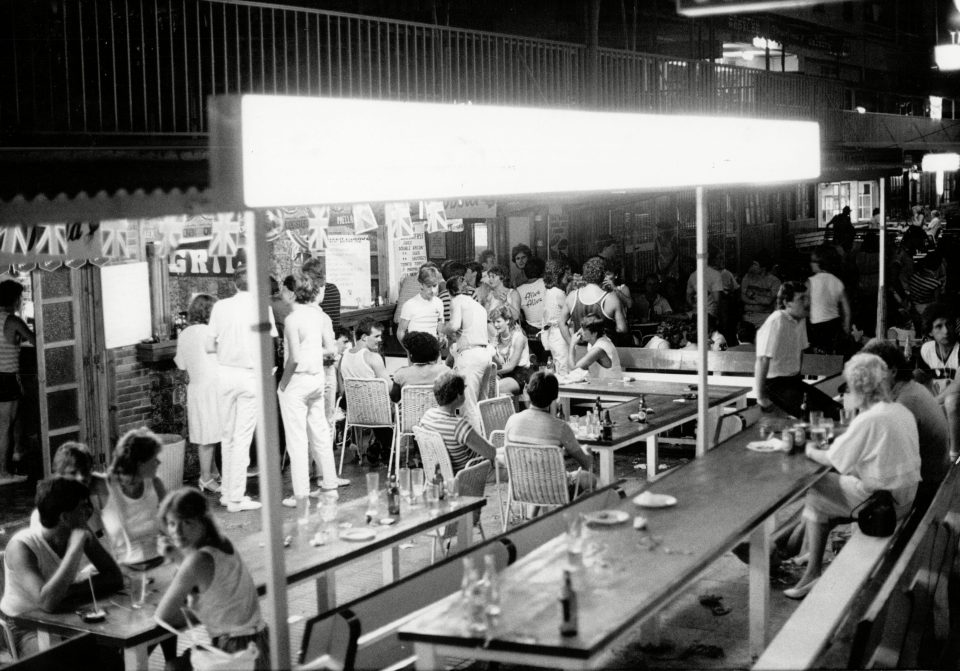 A bar on the Magaluf strip in the late 1980s, after it became popular with package holidaymakers 
